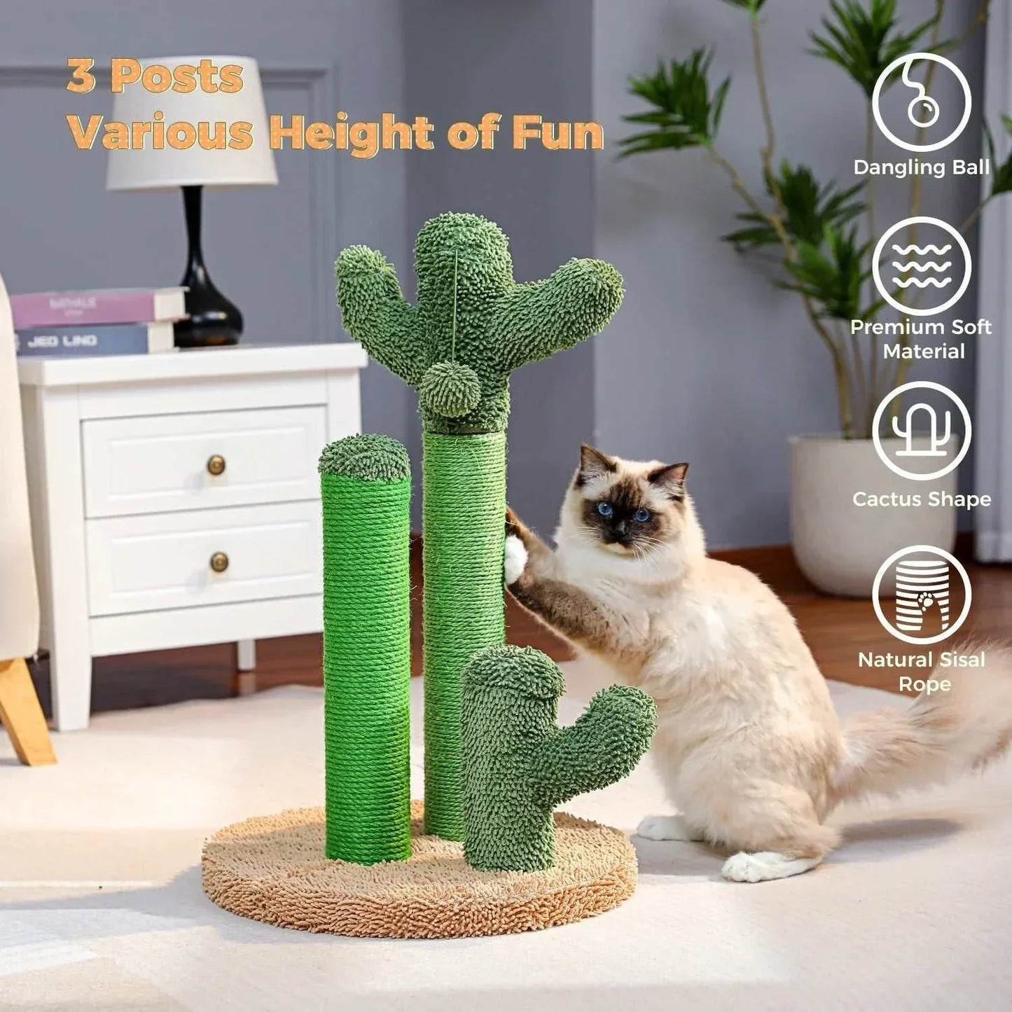 Griffoir pour chat avec 3 poteaux à gratter et boule de ling recrutée interactive