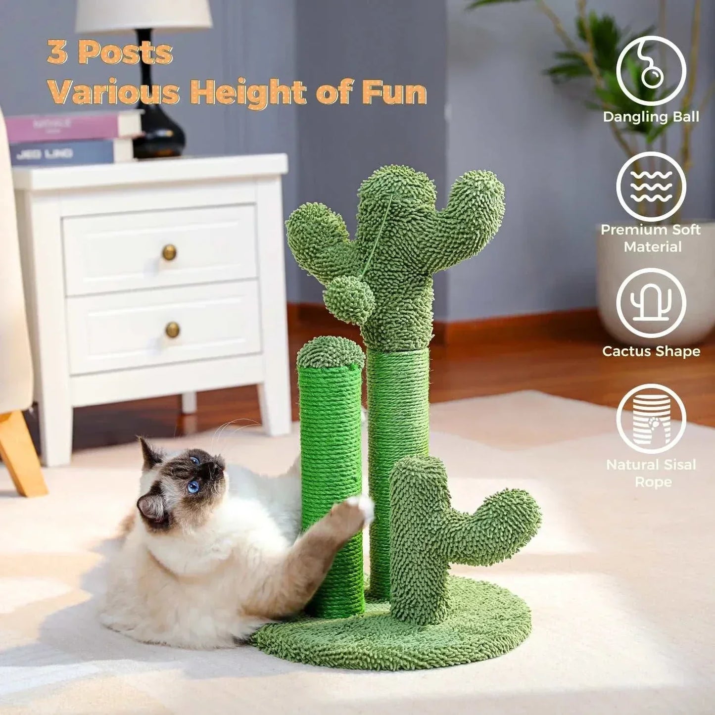 Griffoir pour chat avec 3 poteaux à gratter et boule de ling recrutée interactive